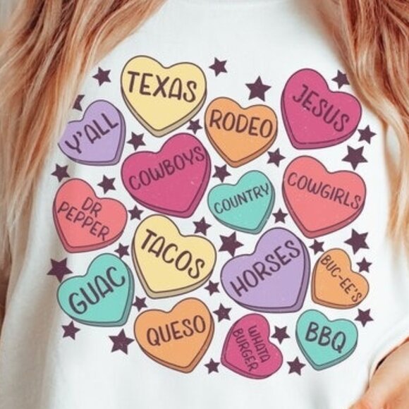Texas Valentines Candy Hearts Retro Cowgirl Graphic Love Holiday Gift T-Shirt 90 - Picture 2 of 5